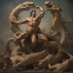 Hyper-realistic Rococo-style depiction of Hercules fighting the Hydra, in a grand, epic scene imbued with an ethereal aesthetic.