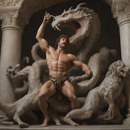 Hyper-realistic Rococo-style depiction of Hercules fighting the Hydra, in a grand, epic scene imbued with an ethereal aesthetic.