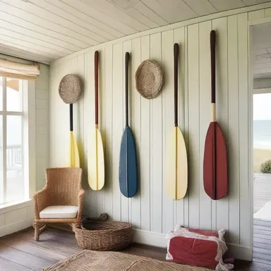 The nautical-themed beach house was beautifully decorated with oars mounted on the walls as a unique architectural element.