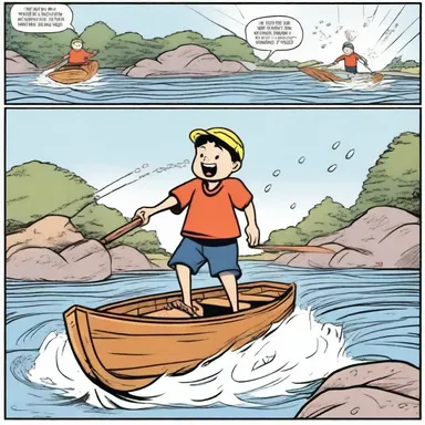 In the comic strip, the adventurous character navigated through treacherous waters using a magical oar to save the day.
