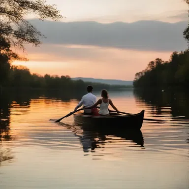 As the sun set over the calm lake, the couple rowed together in perfect synchrony, creating a romantic and picturesque moment.