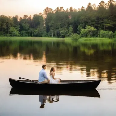 As the sun set over the calm lake, the couple rowed together in perfect synchrony, creating a romantic and picturesque moment.