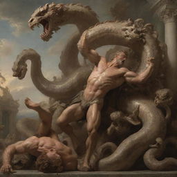 Hyper-realistic Rococo-style depiction of Hercules fighting the Hydra, in a grand, epic scene imbued with an ethereal aesthetic.