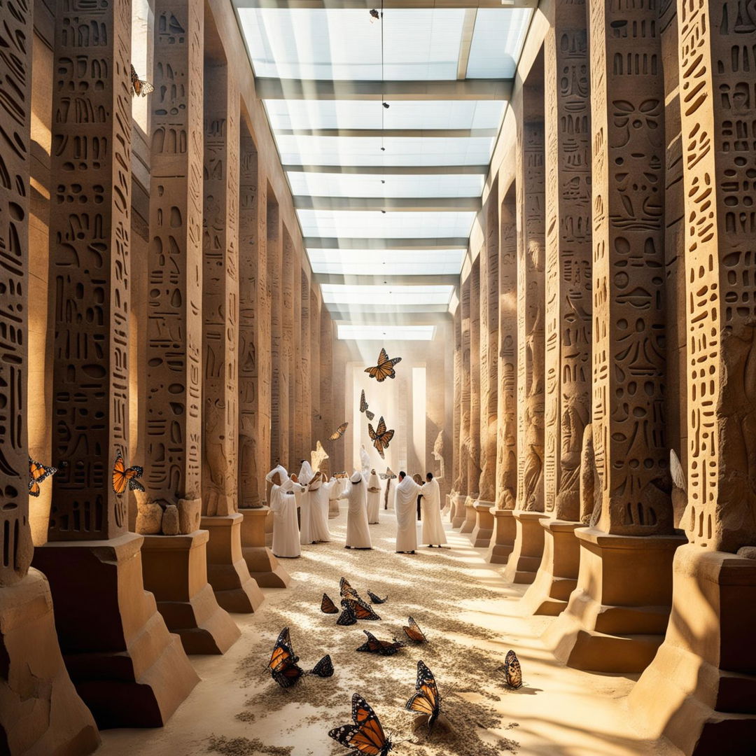 A grand gallery space with towering sandstone columns carved into statues of Egyptian gods, filled with a massive crowd of people in white robes under geometric skylights, a floor covered in sand, and thousands of monarch butterflies fluttering everywhere.