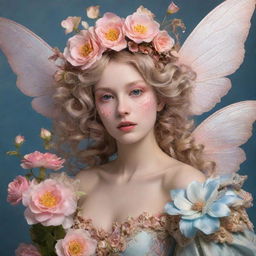 A hyper-realistic rococo fairy infused with a flower aesthetic, emanating warm vibes