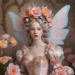 A hyper-realistic rococo fairy infused with a flower aesthetic, emanating warm vibes