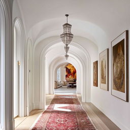 Classical white hallway with elegant arches, a curated gallery wall, complemented by a polished wooden floor and a richly textured rug.