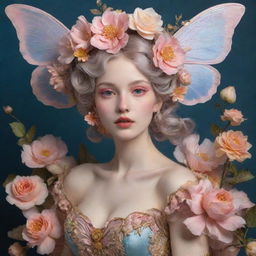 A hyper-realistic rococo fairy infused with a flower aesthetic, emanating warm vibes