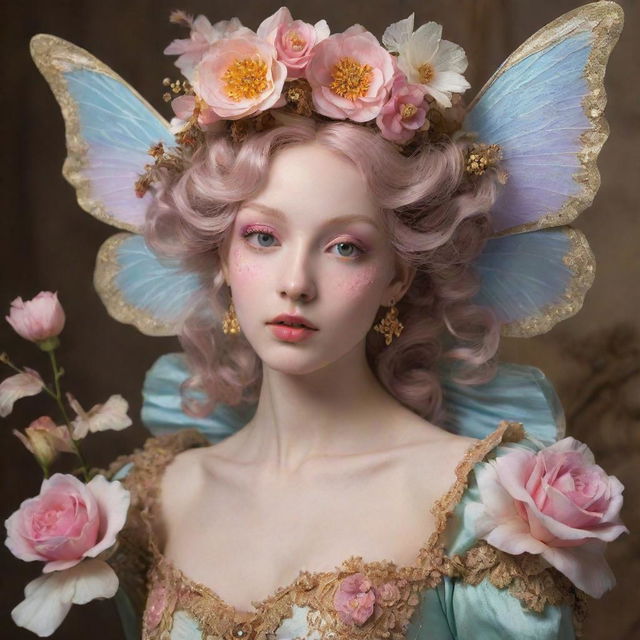 A hyper-realistic rococo fairy infused with a flower aesthetic, emanating warm vibes