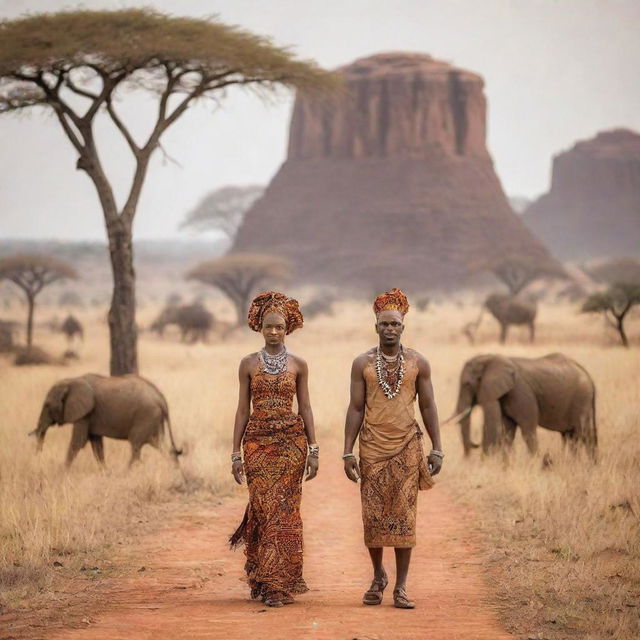 A beautiful scene on an African savannah with iconic elements of African heritage, such as traditional attire, ancient monuments, and vibrant wildlife.