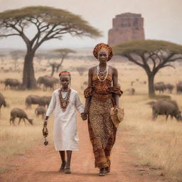 A beautiful scene on an African savannah with iconic elements of African heritage, such as traditional attire, ancient monuments, and vibrant wildlife.