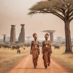 A beautiful scene on an African savannah with iconic elements of African heritage, such as traditional attire, ancient monuments, and vibrant wildlife.