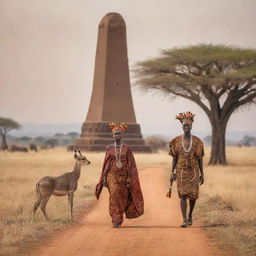 A beautiful scene on an African savannah with iconic elements of African heritage, such as traditional attire, ancient monuments, and vibrant wildlife.