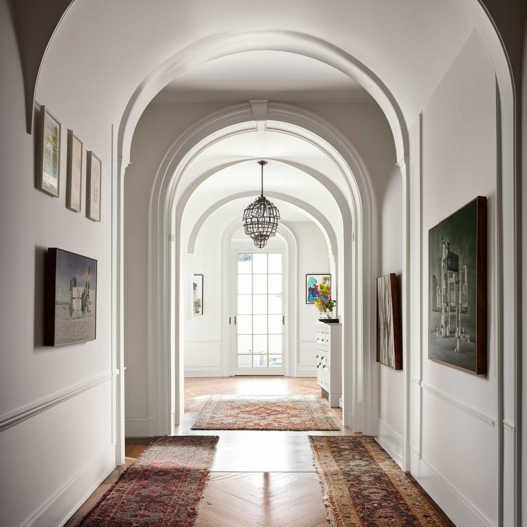 Classical white hallway with elegant arches, a curated gallery wall, complemented by a polished wooden floor and a richly textured rug.