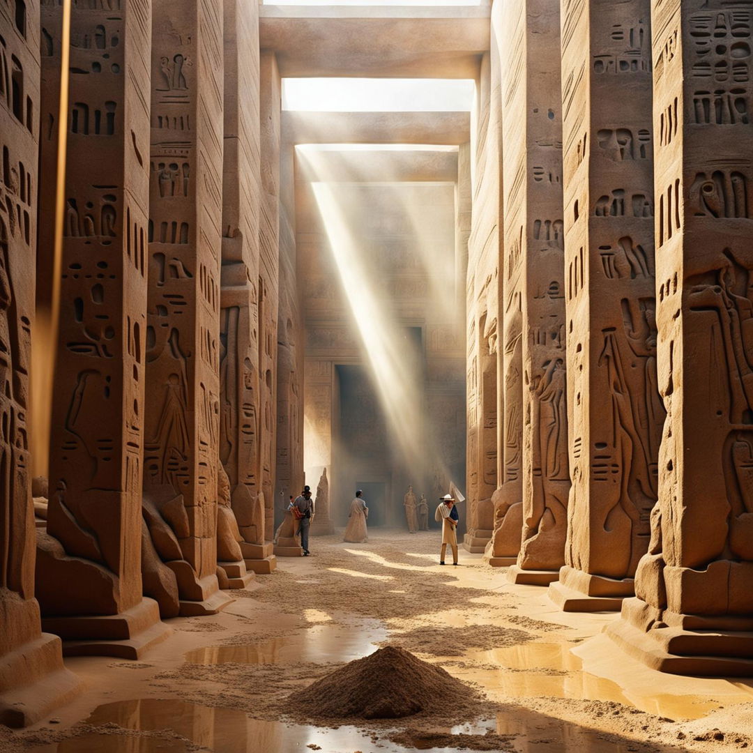 A grand gallery space with towering sandstone columns carved into statues of Egyptian gods, filled with crowds of tiny people under geometric skylights, a floor covered in sand, and a sandstorm blowing through the space blurring vision.