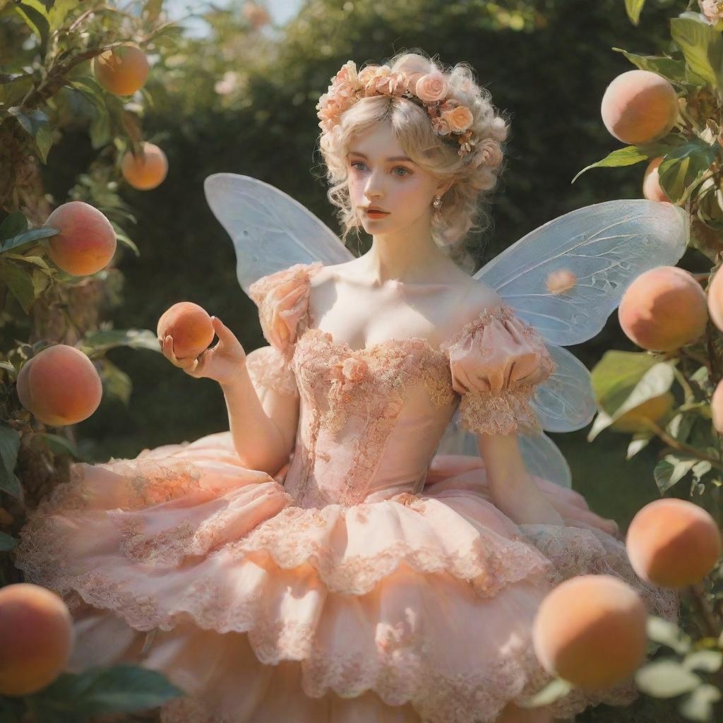 A hyper-realistic rococo fairy leisurely enjoying a peach in a flower-filled garden captured in warm sunny, dreamy aesthetics