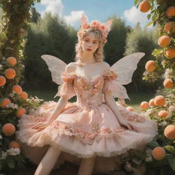 A hyper-realistic rococo fairy leisurely enjoying a peach in a flower-filled garden captured in warm sunny, dreamy aesthetics