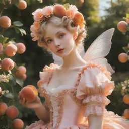 A hyper-realistic rococo fairy leisurely enjoying a peach in a flower-filled garden captured in warm sunny, dreamy aesthetics