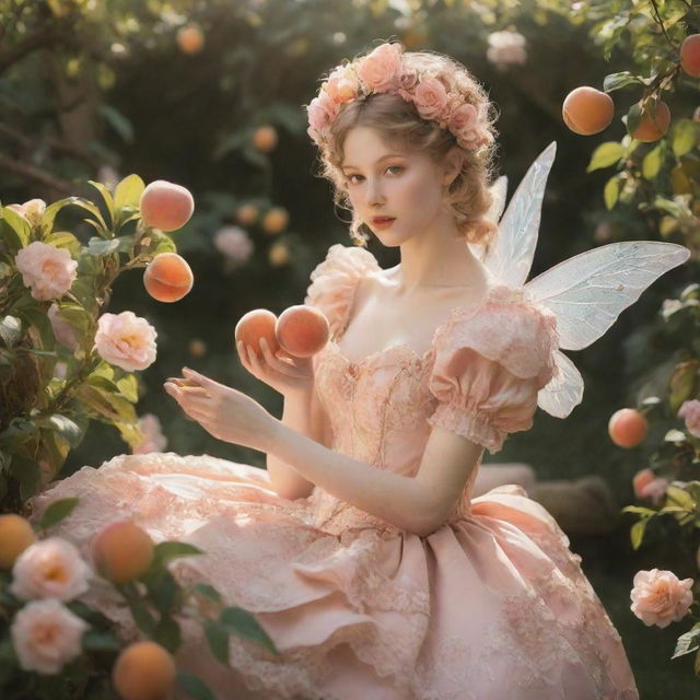 A hyper-realistic rococo fairy leisurely enjoying a peach in a flower-filled garden captured in warm sunny, dreamy aesthetics