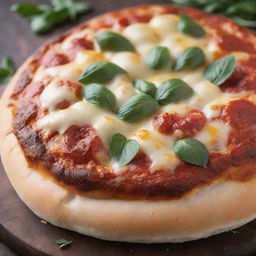 A freshly baked, delectable pizza bun with melting cheese and herbs on top, straight from a wood-fired oven.