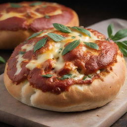 A freshly baked, delectable pizza bun with melting cheese and herbs on top, straight from a wood-fired oven.