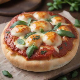 A freshly baked, delectable pizza bun with melting cheese and herbs on top, straight from a wood-fired oven.