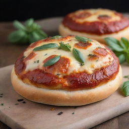 A freshly baked, delectable pizza bun with melting cheese and herbs on top, straight from a wood-fired oven.