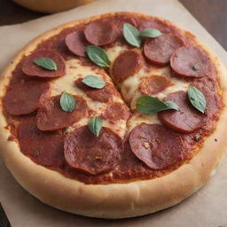 The previous pizza bun, now adorned with slices of sizzling pepperoni that complement the melting cheese and herbs.