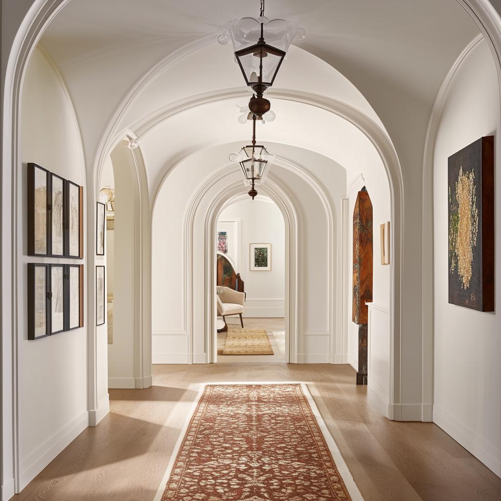 Classical white hallway with elegant arches, a curated gallery wall, complemented by a polished wooden floor and a richly textured rug.