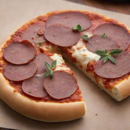 The previous pizza bun, now adorned with slices of sizzling pepperoni that complement the melting cheese and herbs.