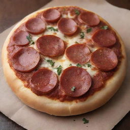 The previous pizza bun, now adorned with slices of sizzling pepperoni that complement the melting cheese and herbs.