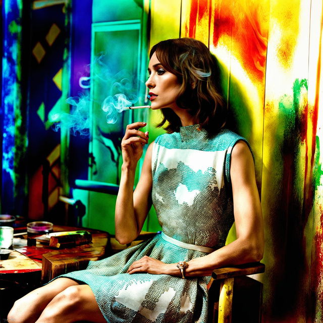 A stunning actress in a retro-futuristic outfit sits in contemplation in a rainbow-splattered room, smoking a cigarette. The image is highly detailed with an epic composition and a light color palette, reminiscent of Mario Testino's photography style.