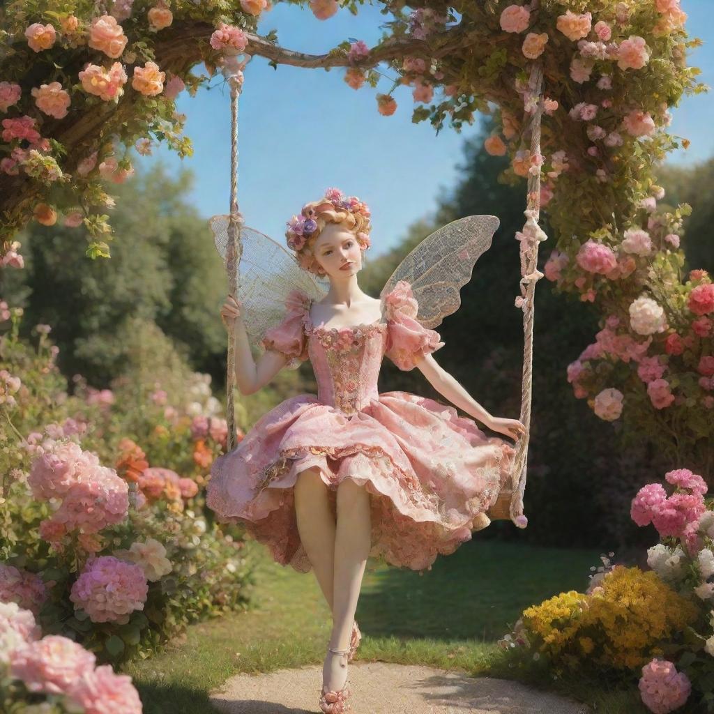 A hyper-realistic rococo fairy on a swing amidst a vibrant, sunny garden filled with blooming flowers, embodying a dreamy aesthetic