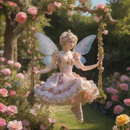 A hyper-realistic rococo fairy on a swing amidst a vibrant, sunny garden filled with blooming flowers, embodying a dreamy aesthetic