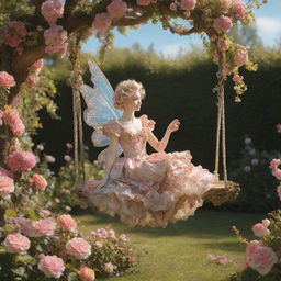 A hyper-realistic rococo fairy on a swing amidst a vibrant, sunny garden filled with blooming flowers, embodying a dreamy aesthetic