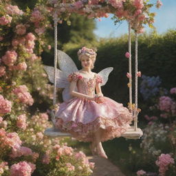 A hyper-realistic rococo fairy on a swing amidst a vibrant, sunny garden filled with blooming flowers, embodying a dreamy aesthetic