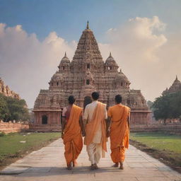 Ram, Sita, and Laxman walking towards a beautifully ornate Ram Mandir temple against a peaceful skyline.