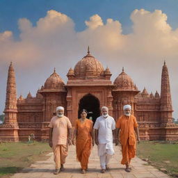 Ram, Sita, and Laxman walking towards a beautifully ornate Ram Mandir temple against a peaceful skyline.