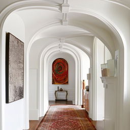 Classical white hallway with elegant arches, a curated gallery wall, complemented by a polished wooden floor and a richly textured rug.