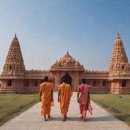 Ram, Sita, and Laxman walking towards a beautifully ornate Ram Mandir temple against a peaceful skyline.