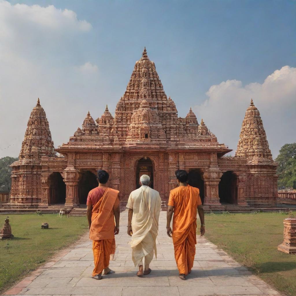 Ram, Sita, and Laxman walking towards a beautifully ornate Ram Mandir temple against a peaceful skyline.