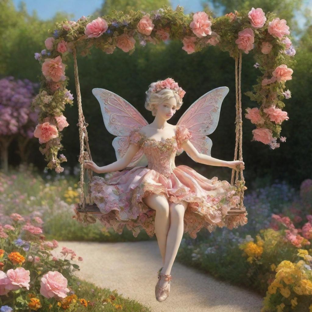 A hyper-realistic 3D rococo fairy on a swing amidst a vibrant, sunny garden blooming with flowers, conveying a dreamy aesthetic