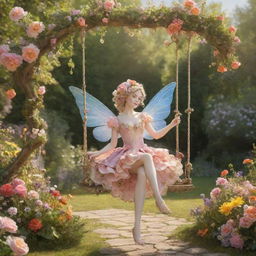 A hyper-realistic 3D rococo fairy on a swing amidst a vibrant, sunny garden blooming with flowers, conveying a dreamy aesthetic