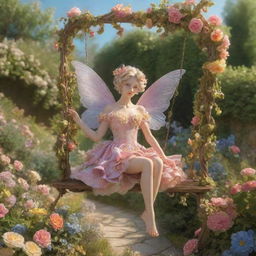 A hyper-realistic 3D rococo fairy on a swing amidst a vibrant, sunny garden blooming with flowers, conveying a dreamy aesthetic