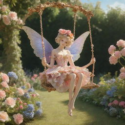 A hyper-realistic 3D rococo fairy on a swing amidst a vibrant, sunny garden blooming with flowers, conveying a dreamy aesthetic