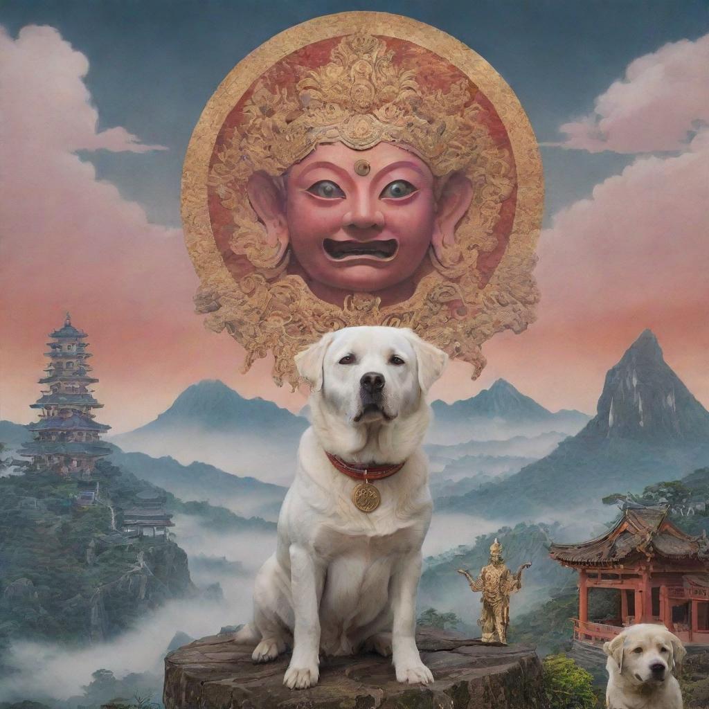 A three-eyed deity with one dog against a mystical Asian landscape.