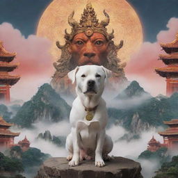 A three-eyed deity with one dog against a mystical Asian landscape.