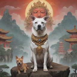 A three-eyed deity with one dog against a mystical Asian landscape.