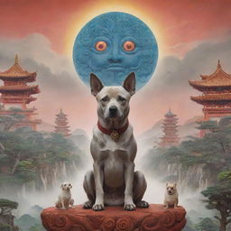 A three-eyed deity with one dog against a mystical Asian landscape.