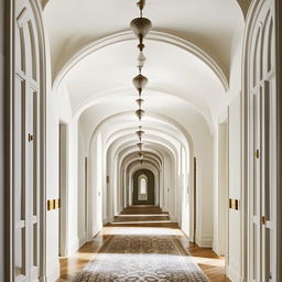 Refine the image to a symmetrical classical white hallway with elegant arches, a curated gallery wall, a polished wooden floor, and a textured rug.